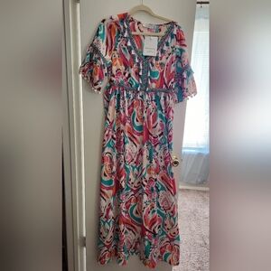 Vibrant Maxi Dress with Pom-Pom Detail